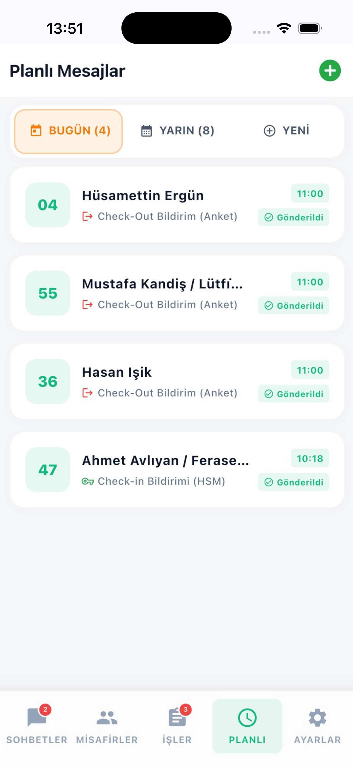 Hotel AI Planlı Mesajlar Mobile App Screen