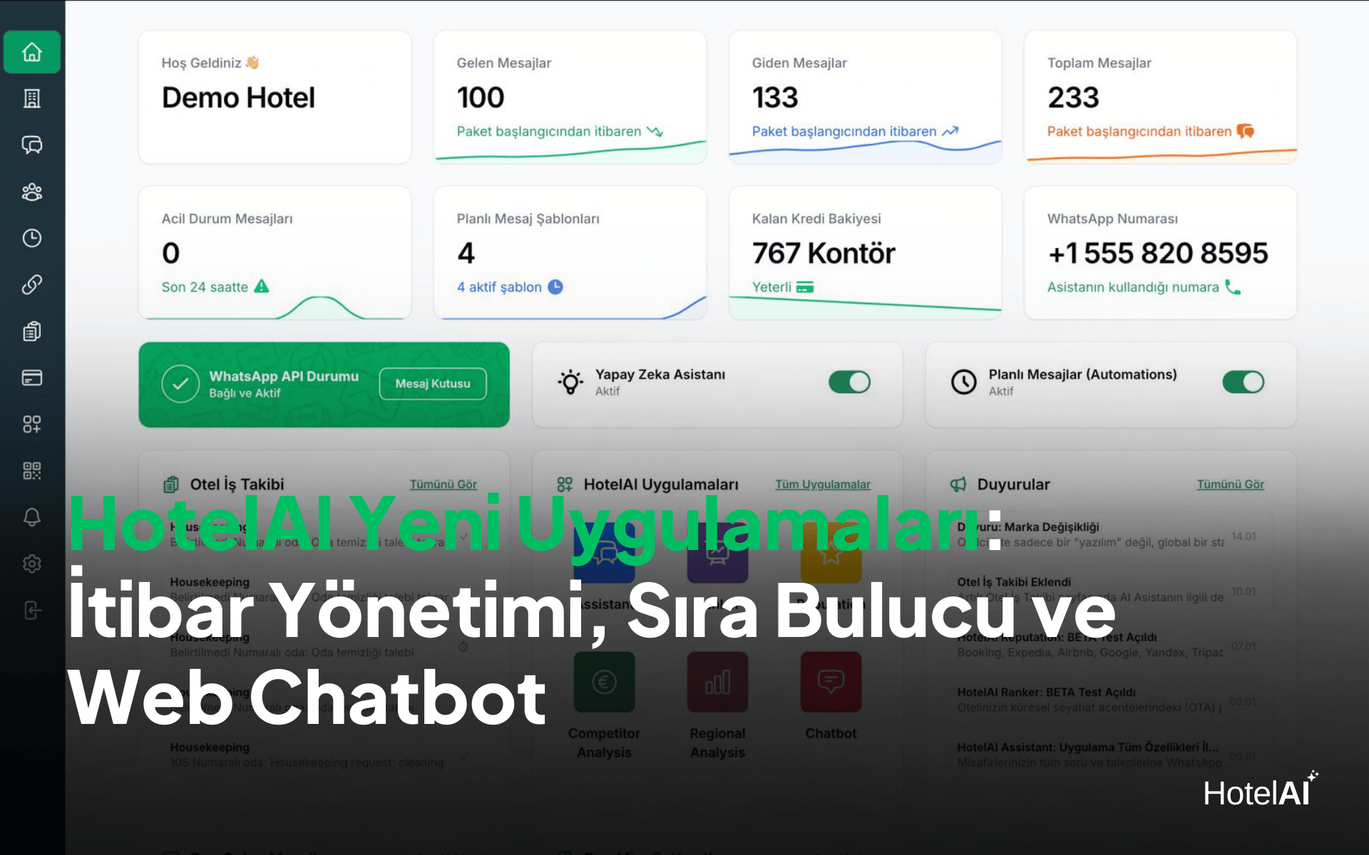 HotelAI Yeni Uygulamaları: İtibar Yönetimi, Sıra Bulucu ve Web Chatbot